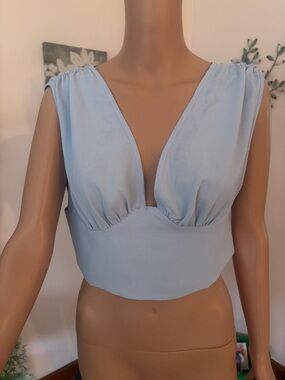 SHEIN Pale Blue Deep V Sleeveless Crop Top